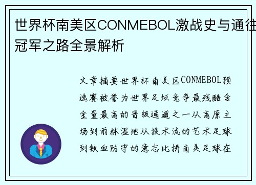 世界杯南美区CONMEBOL激战史与通往冠军之路全景解析